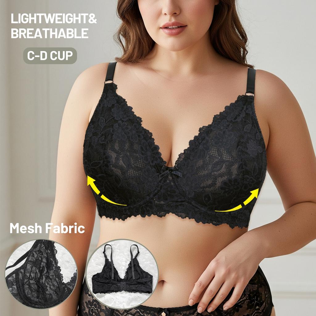 Plus Size C-D Cup Lace Bra - Lightweight Breathable Mesh Fabric, Push Up Women's Intimate Apparel