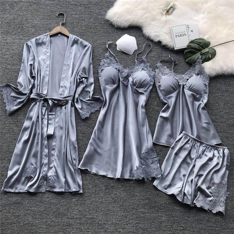 

GMXIA Весенне-осенние пижамы для женщин, сексуальные ночные платья на бретелях-спагетти с нагрудными вкладышами, тонкие халаты из ледяного шелка и комплекты пижам для дома XXL сине серый