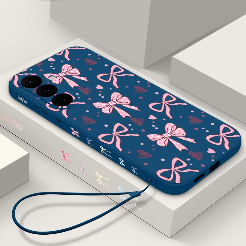 Pink Bow Pattern Phone Case For Samsung Galaxy A57 A17 A56 A16 A55 A15 A54 A36 S25 FE S26 S24 S23 S22 Ultra Soft Lanyard Cover