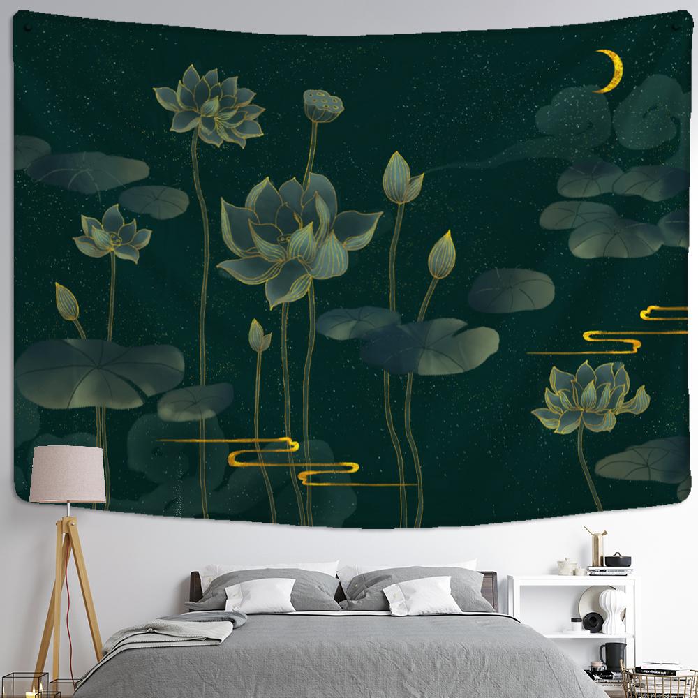Lotus Ink Background Painting Tapestry Wall Hanging Koi Bohemian Minimalist Aesthetic Home Decoration