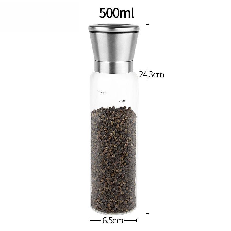 Stainless Steel Black Pepper Grinder Manual Carbon Steel Core Glass Seasoning Box Jar Pepper Spice