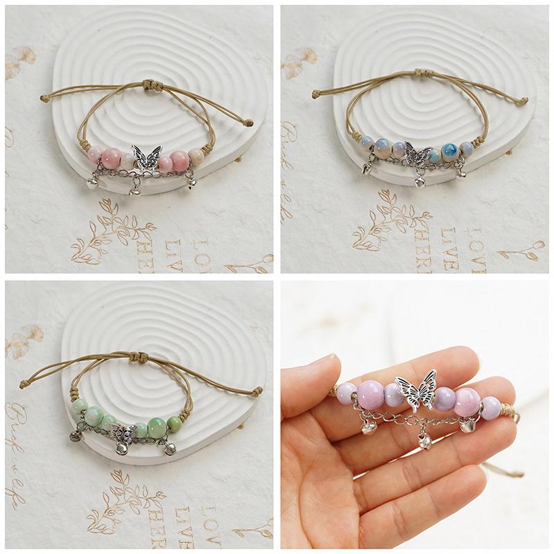 Bracelet Papillon Coloré en Céramique Fait Main Bracelet à Cordon Tressé Réglable Doux Accessoires de Mode Uniques Cadeaux