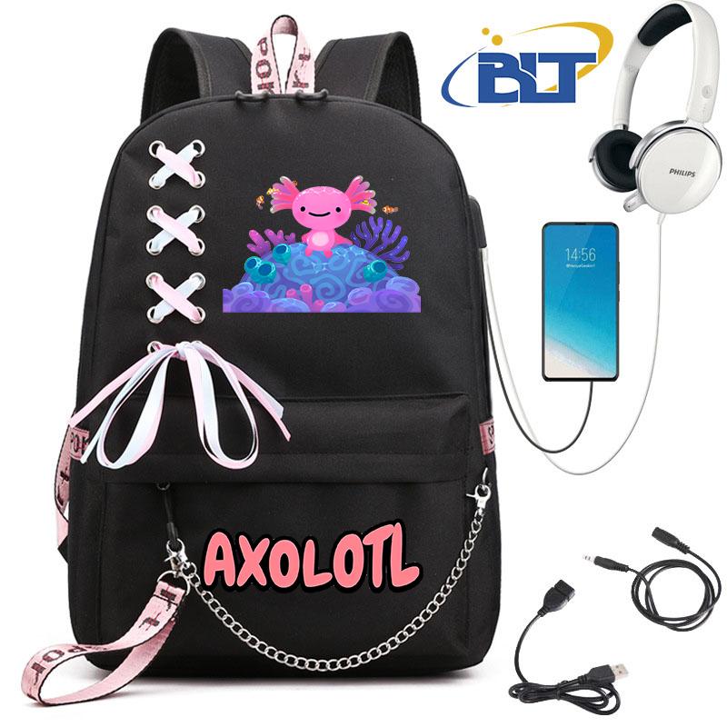 Cute Axolotl Printed Student Schoolbag for Girls Black Backpack Usb Kids Casual Bag Back To School Gift