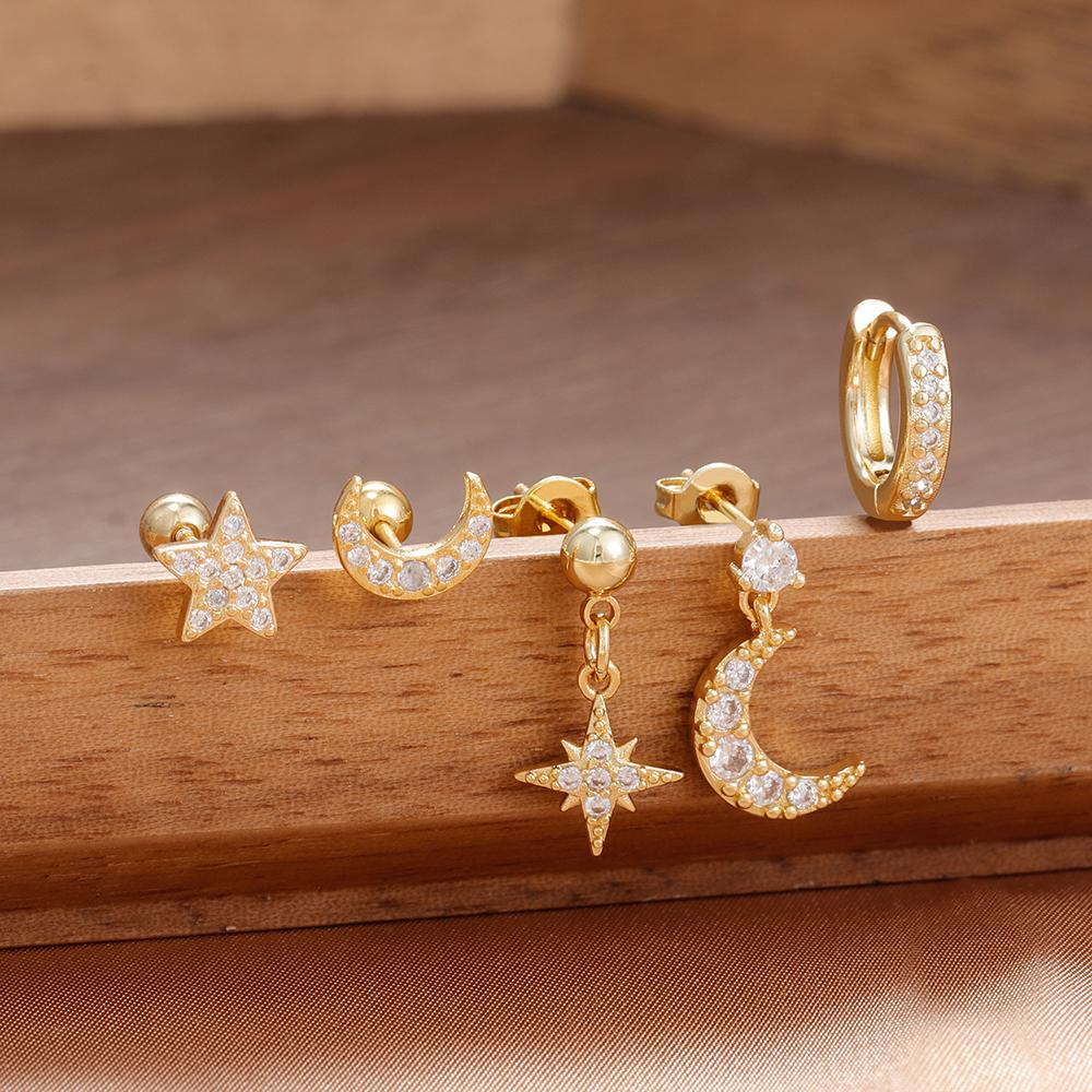 5PCS New Design Gold Color Ear Stud Earring Set For Women Zircon Star Moon Punk Piercing Earrings Helix Tragus Piercing Jewelry