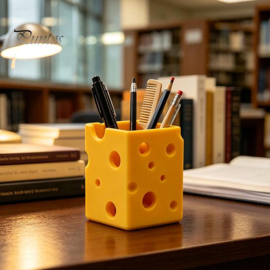 Student Desk Supplies Creative 3D Printed Cheese Pen Holder, Cute Desktop Organizer, Large Capacity Storage Box Multifunctional Ornament for