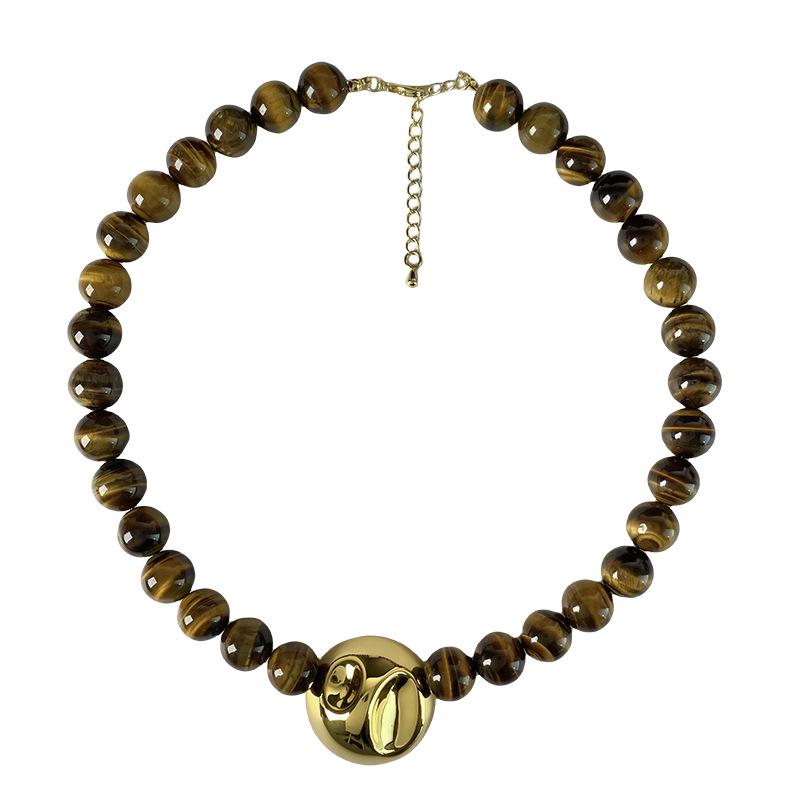 Luxury Tiger Eye Beaded Necklace with Metal Pendant