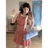 French red plaid dress women's summer new fashion design sense strap waist sleeveless short a-word skirt