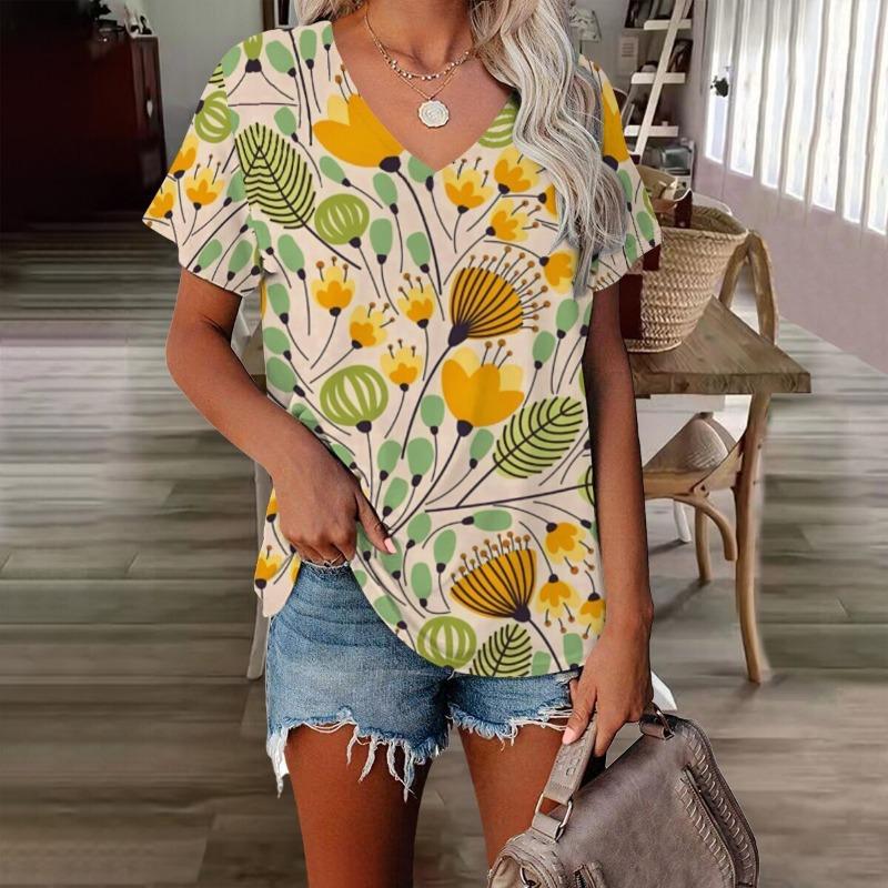 Blumen Damen V-Ausschnitt T-Shirt 3D-gedruckt Retro-Mode Casual bedruckte kurzärmlige Kleidung