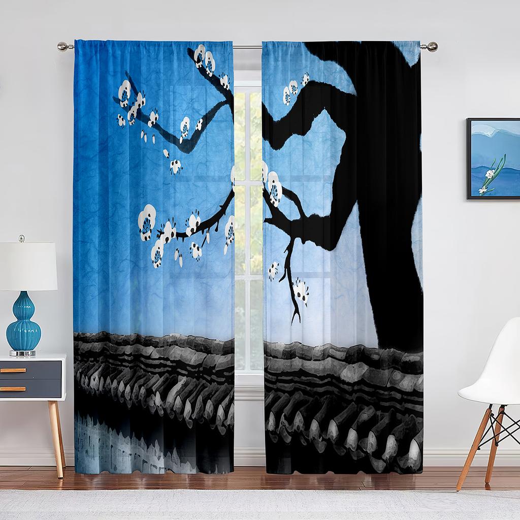 Birds On Branch Cherry Blossom Ink Painting Tulle Voile Curtains for Bedroom Window Curtain for Living Room Sheer Curtain Drapes