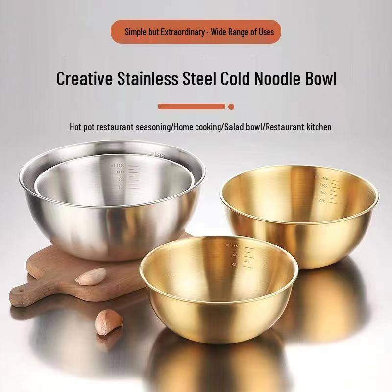 Nerezová víceúčelová sada misek v korejském stylu: Ovoce, Salát, Svačiny, Zelenina, Šlehač vajec, Ramen - Zlatá úprava.