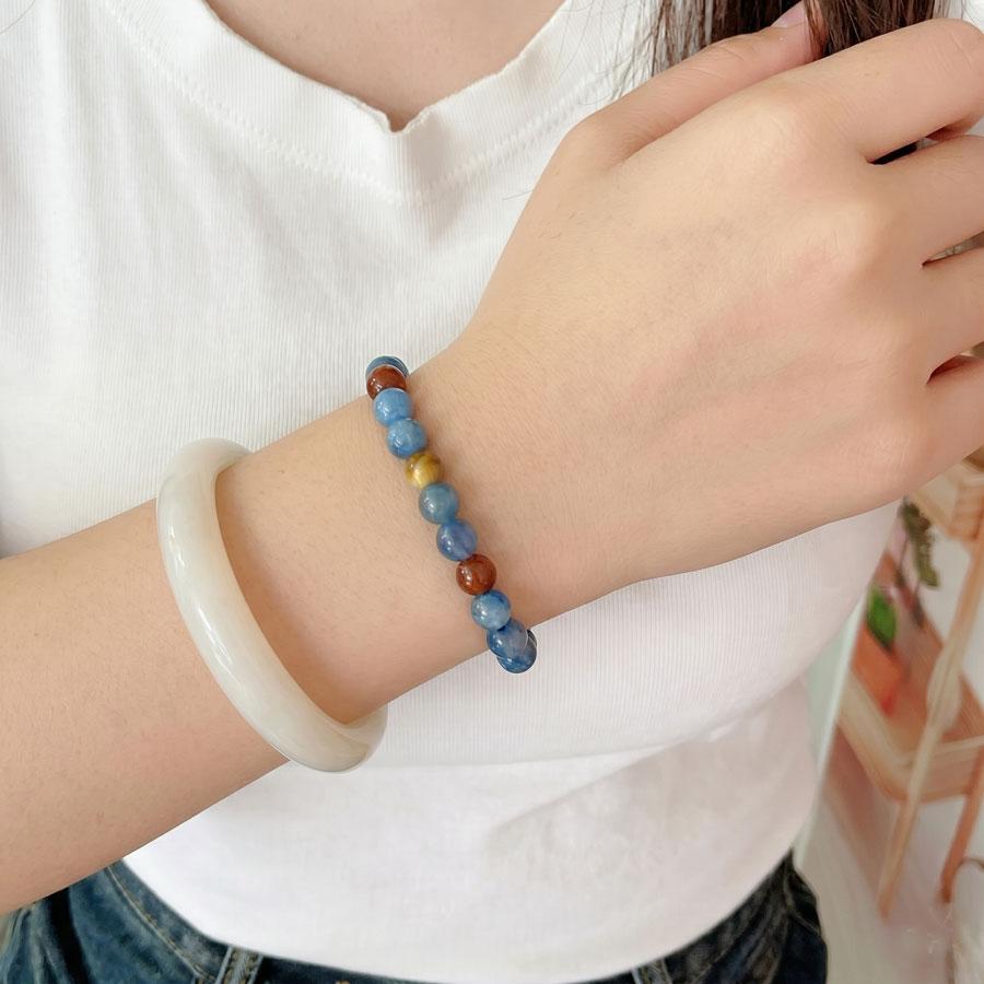 Naturalna Bransoletka z Kyanitu, Granatu i Tygrysiego Oka, Potrójna Chakra Kryształowy Amulet Leczący Boho, Kolorowy Amulet Energetyczny dla Kobiet