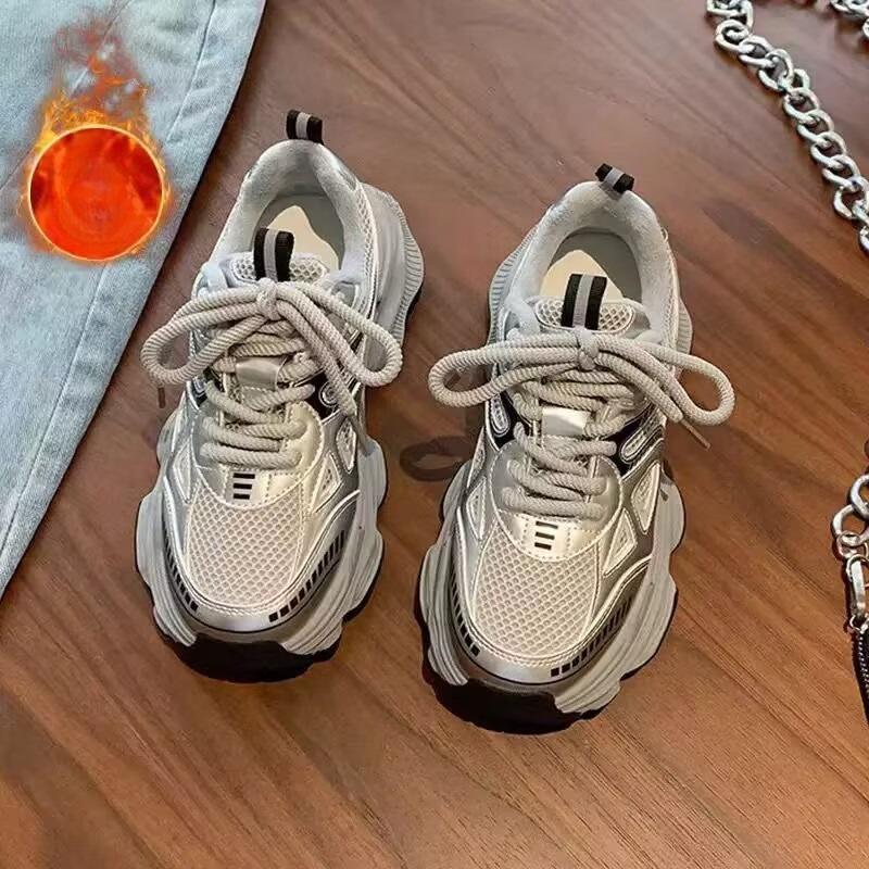 

Новые универсальные женские флисовые туфли на толстой подошве и увеличивающие рост повседневные спортивные туфли 40 серебряный