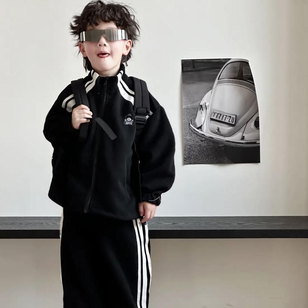Spring Korean - style Children's Casual Cartoon - embroidered Striped Versatile Trendy Sports Sweatshirt Set