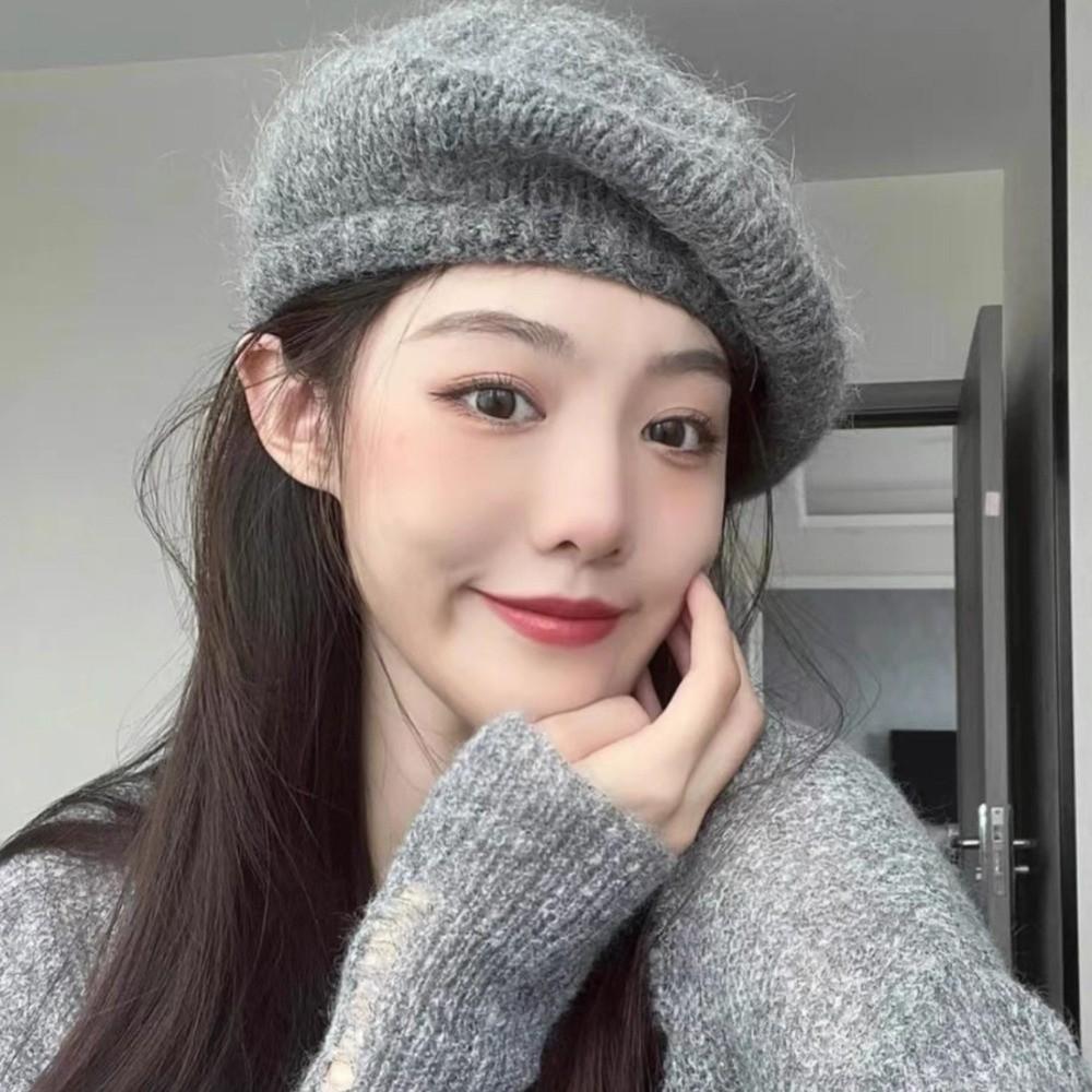 Mohair Knitted Beret Hat Fluffy Knitted Octagonal Cap Casual Wool Painter Hat  Winter