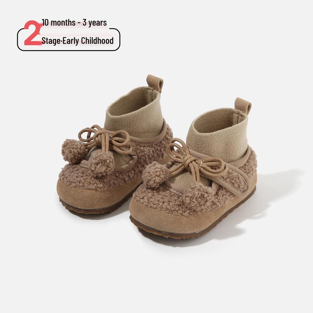 2025 Winter Baby Girl Plush Cotton Shoes with Bowknot: Soft Sole, Velvet Fur, Cute Korean Style Toddler Footwear