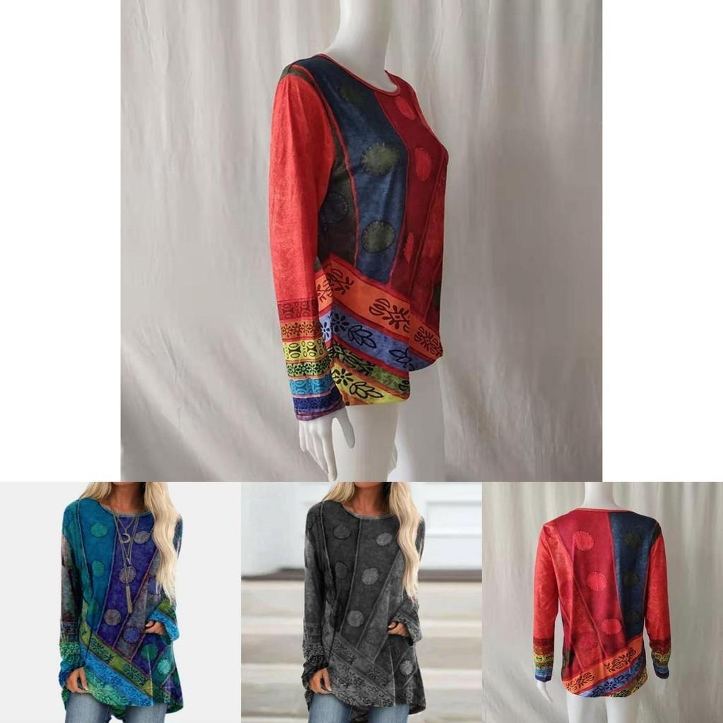 Plus Size Womens Hippie Boho Long Sleeve Tops With Soft Material And Floral Pattern