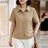 ZANZEA Women Casual Turn Down Collar Short Sleeve Print Blouse