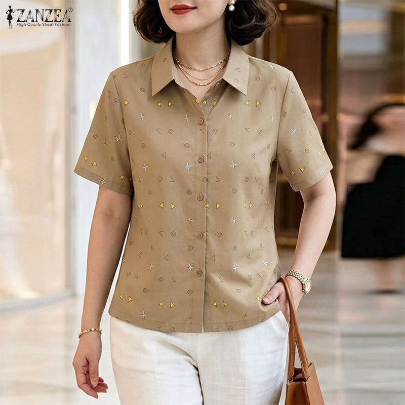 ZANZEA Women Casual Turn Down Collar Short Sleeve Print Blouse