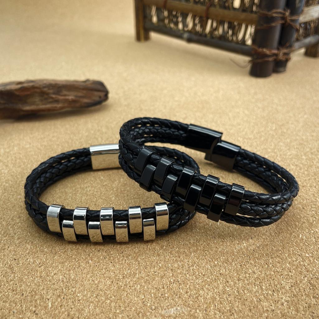 Opk Jewelry Personalized Punk Style Stainless Steel Magnetic Buckle Bracelet Multi-Layer Woven Leather Bracelet Men