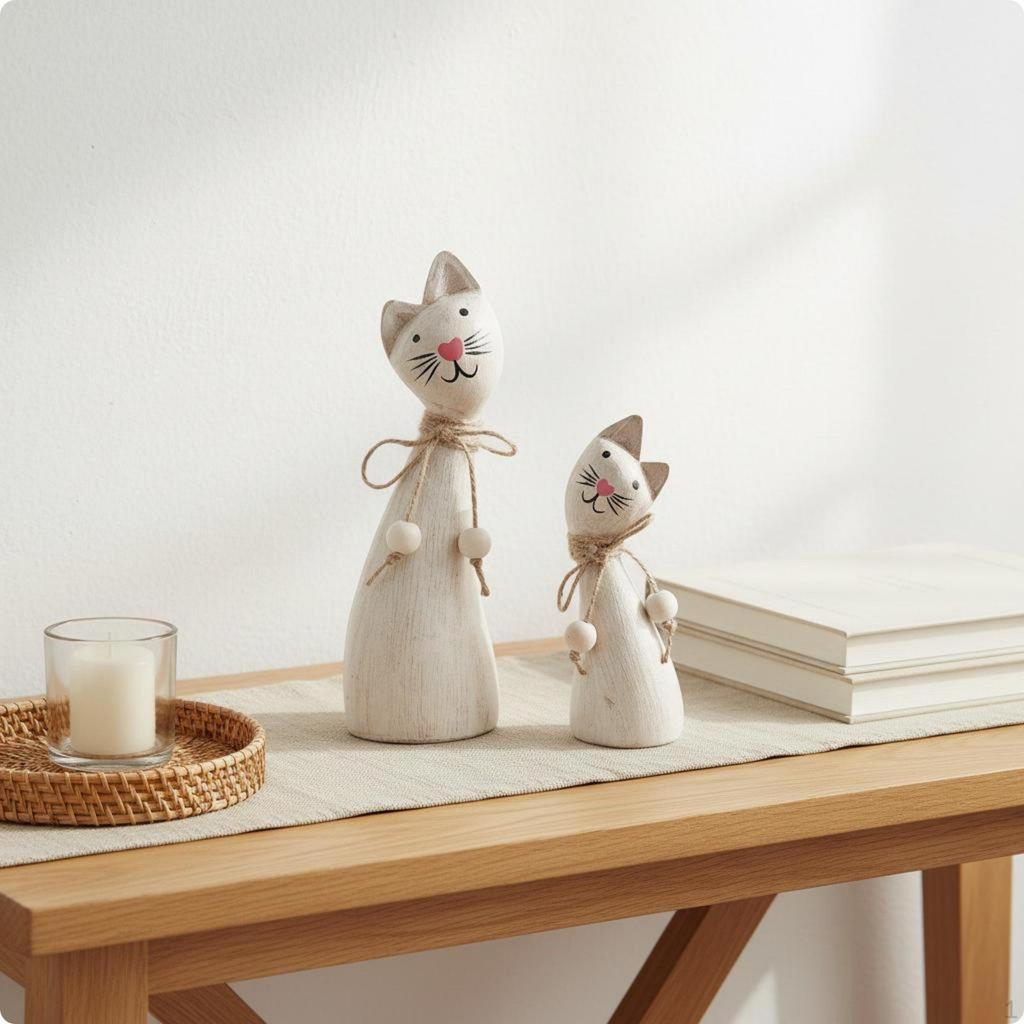 2 Pieces Wooden Cat Figurine Set Minimalist Design Nordic Style Statue House Decoration for