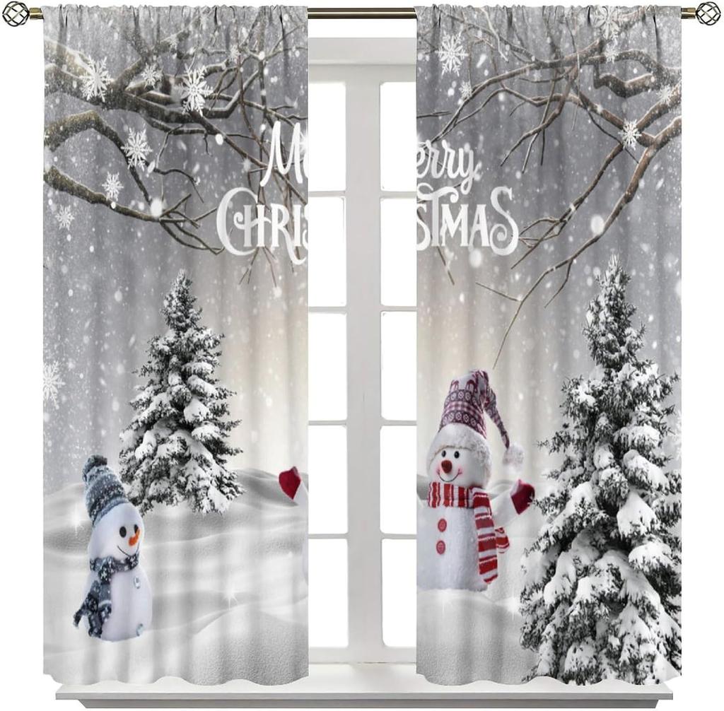 Merry Christmas Winter Snowman Curtain Xmas Tree Snowflake Holiday Curtains Bedroom Living Room Bathroom Red Polyester Sitting Window Treatment