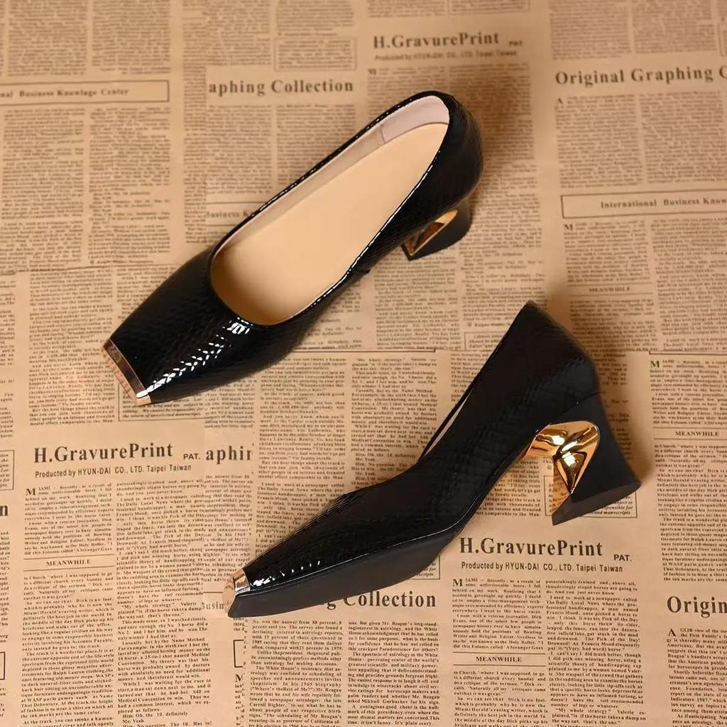 women cute black round toe high quality patent leather spring slip on square heel shoes lady casual grey pumps ab627