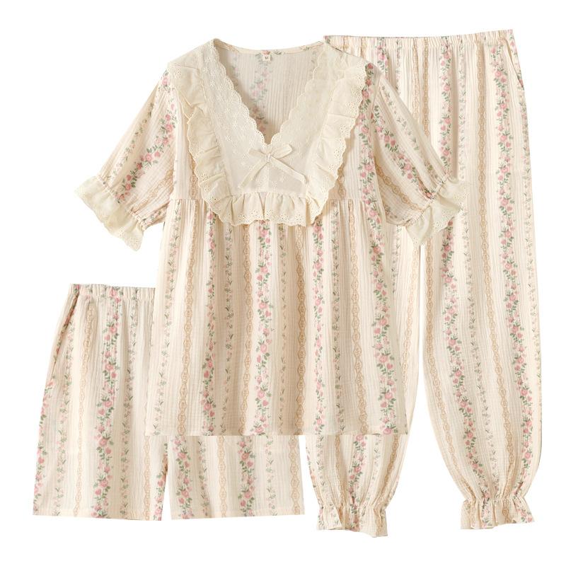 Three-piece Pajamas Pure Cotton Summer Women's Thin Loose French Four-season Wear Short-sleeved Trousers Loungewear Set