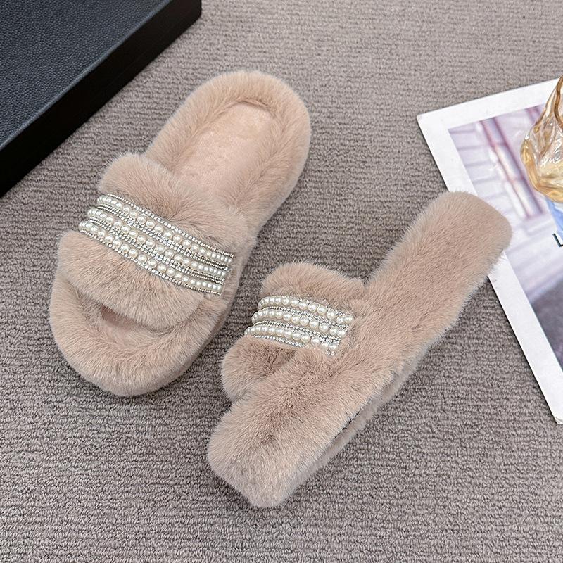 Thick bottom heightening Internet celebrity fluffy slippers women's autumn and winter outer wear ins home home non-slip pearl slippers spring and s