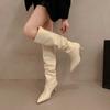 Winter Fashion Pleated Pointed Toe Women Long Boots Street Style High Heels Party Stripper Female Leather High Booties