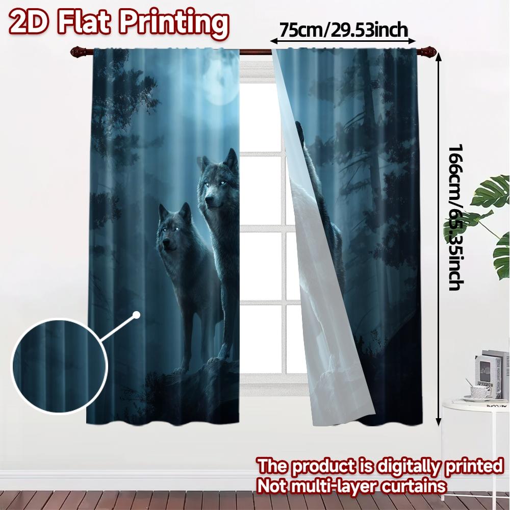 Set Of 2 Contemporary Flat Printing Curtains Without Rod Moonlit Wolves Modern Versatile Polyester Curtain