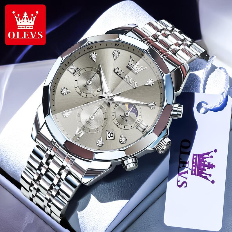 OLEVS Men Watch Fashionable Original Moon Phase Quartz Watch Waterproof Luminous Automatic Date Stainless Watch Gifts