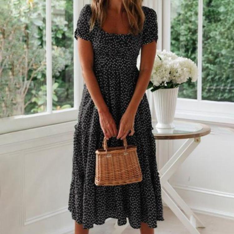 Small Flower Print Patchwork Dress Pleated Bubble Shirring Dating Vacation Short Square Neck Midi Womens Flowy A-line