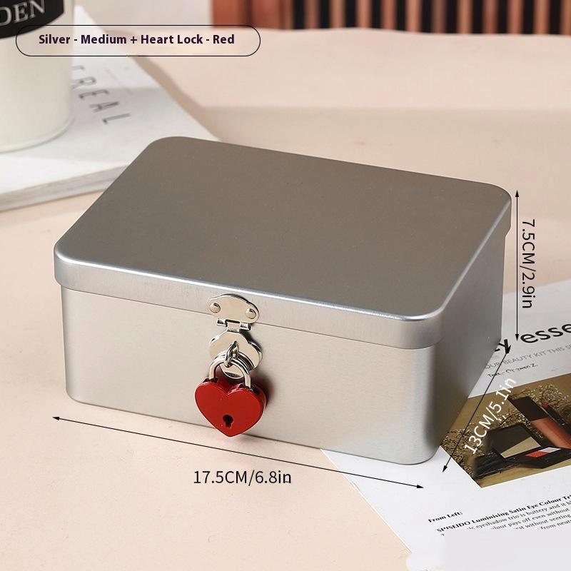 Silver Lockable Tin Storage Box Multifunctional Desktop Storage Box Metal Box Jewelry Storage Empty Box