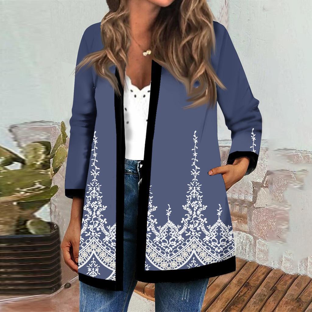 Langärmlige schwarze Patchwork-Strickjacke mit Convention-Print für Damen im Herbst- und Winterstil