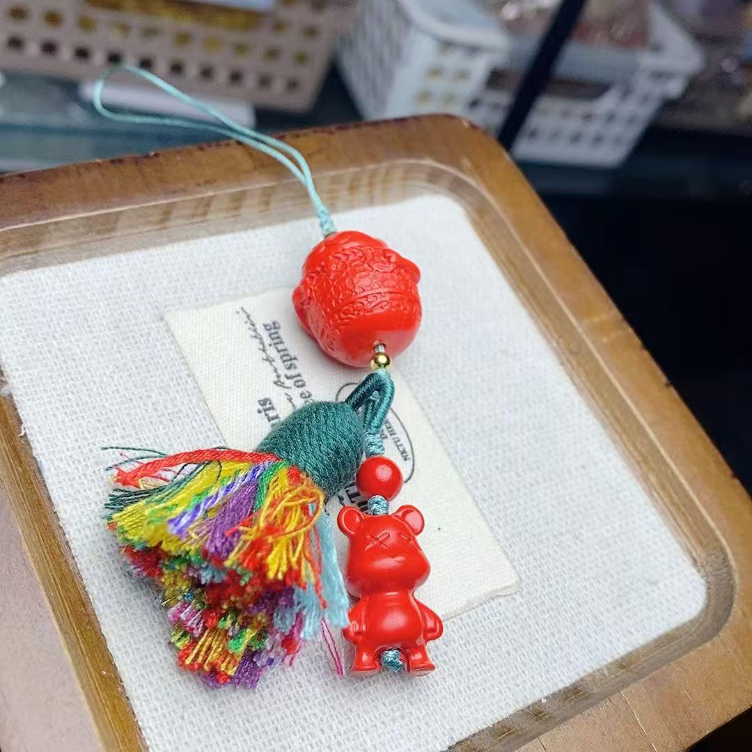 Cinnabar Red Lucky Cat & Bear Phone Charm: Simple, Versatile, Fashionable, Unisex