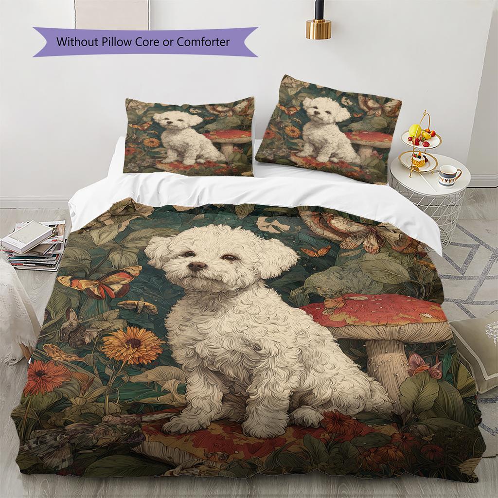 Bettwäsche mit Blätter- und Bichon-Muster, Heimdekoration, Geburtstagsgeschenk (1 Bettbezug + 2 Kissenbezüge, ohne Füllung)