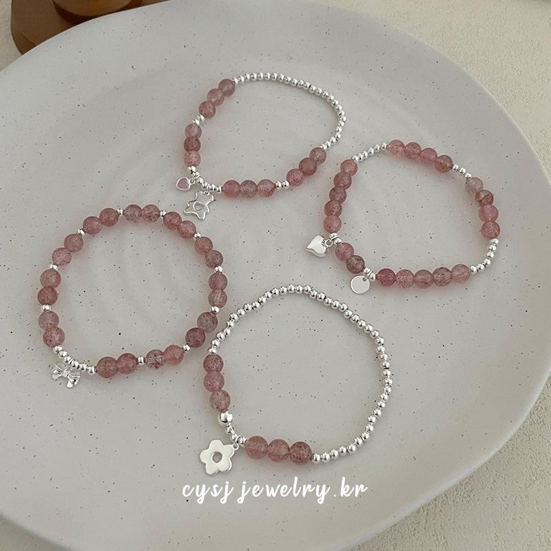 Cui Yan S925 Sterling Silver Korean Style Strawberry Crystal Bowknot Bracelet, Sweet and Layered Heart Design for Women.