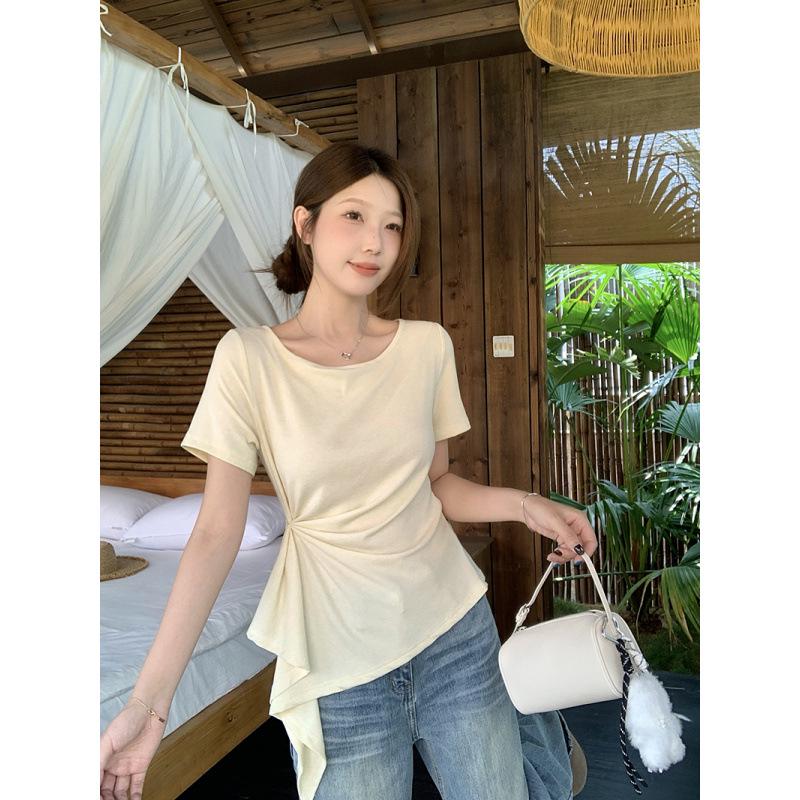 

2026 Summer Plus Size Korean-Style Ruffle Waist Short Sleeve T-Shirt 4XL жовтий