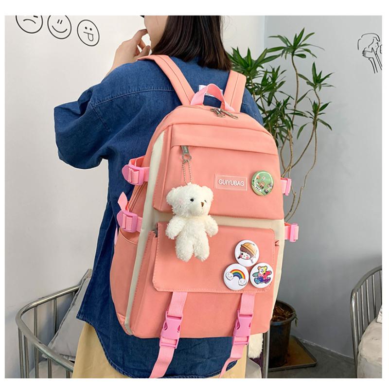 5pcs Primary School Five Piece Backpack Set High School Student Large Capacity Multifunctional Backpack Waterproof  Wear-resistant Canvas Leisure Bag
