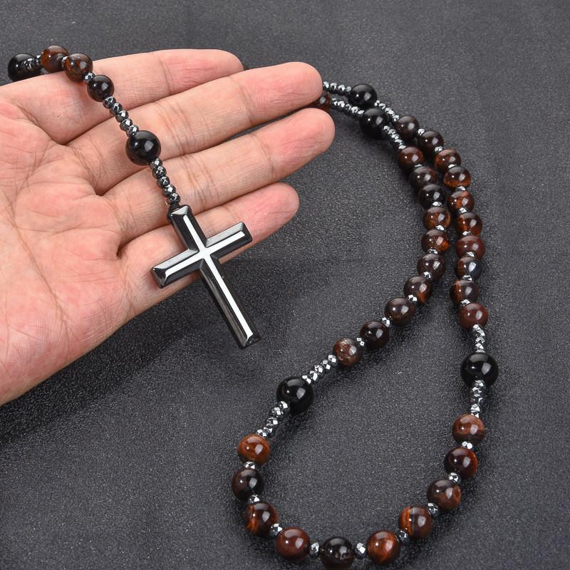 Collana di Perle Occhio di Tigre Nero con Ciondolo a Croce Fatta a Mano per Uomo e Donna