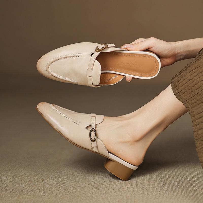 Fashion NEW Summer Women Mules Genuine Leather Shoes for Women Round Toe Chunky Heel Shoes Cover Toe Slingback Sandals Buckle Slippers