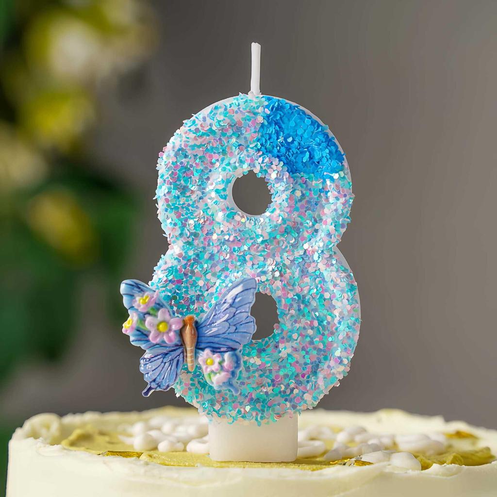 Blue Butterfly Love Flowers DIY Number Birthday Candles 0-9 - Cake Decoration