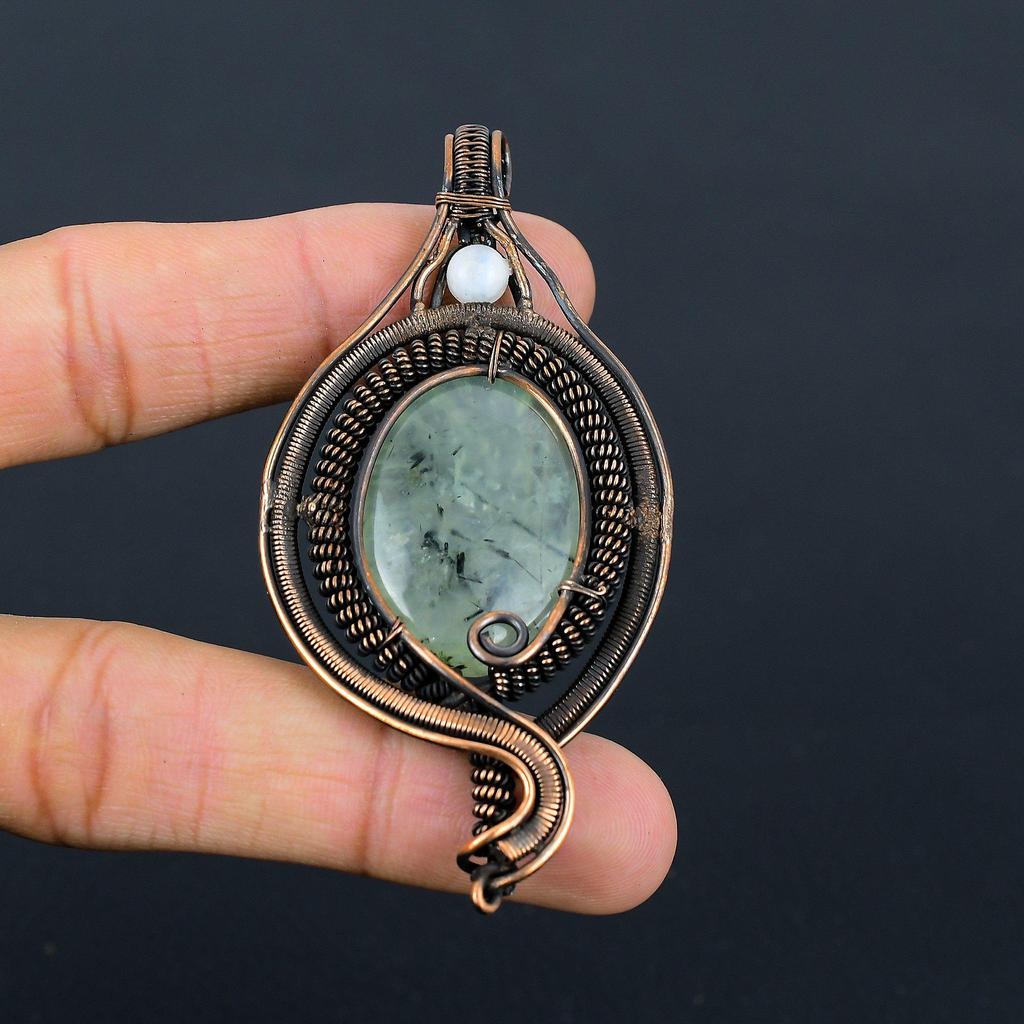 Prehnite, Moonstone Gemstone Pure Copper Wire Wrapped Designer Handmade Pendant Jewelry Gift