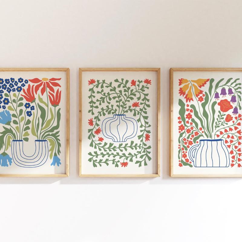 3pcs Bohemian Floral Vase Canvas Wall Art–Vibrant Folk Style Flower Printing for Bright Home Decor, Ideal Housewarming Gifts