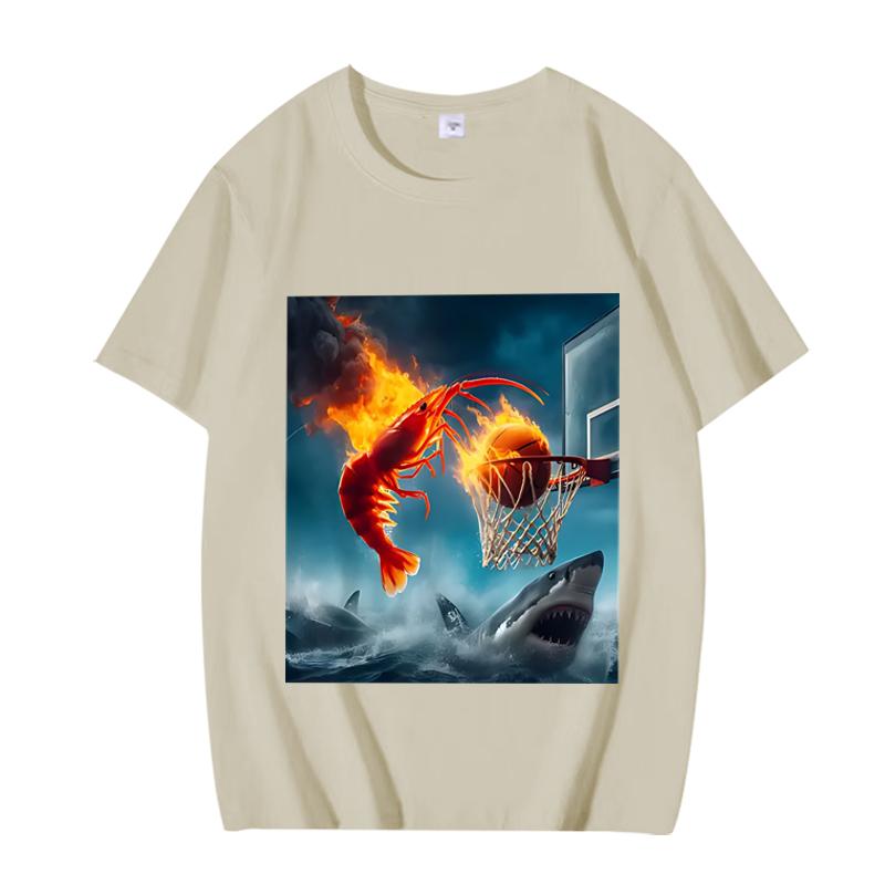 Garnelen-Dunking auf Hai Grafik T-Shirt Retro Angel T-Shirt Männer Frauen Kurzarm Sommer Unisex Oberteile