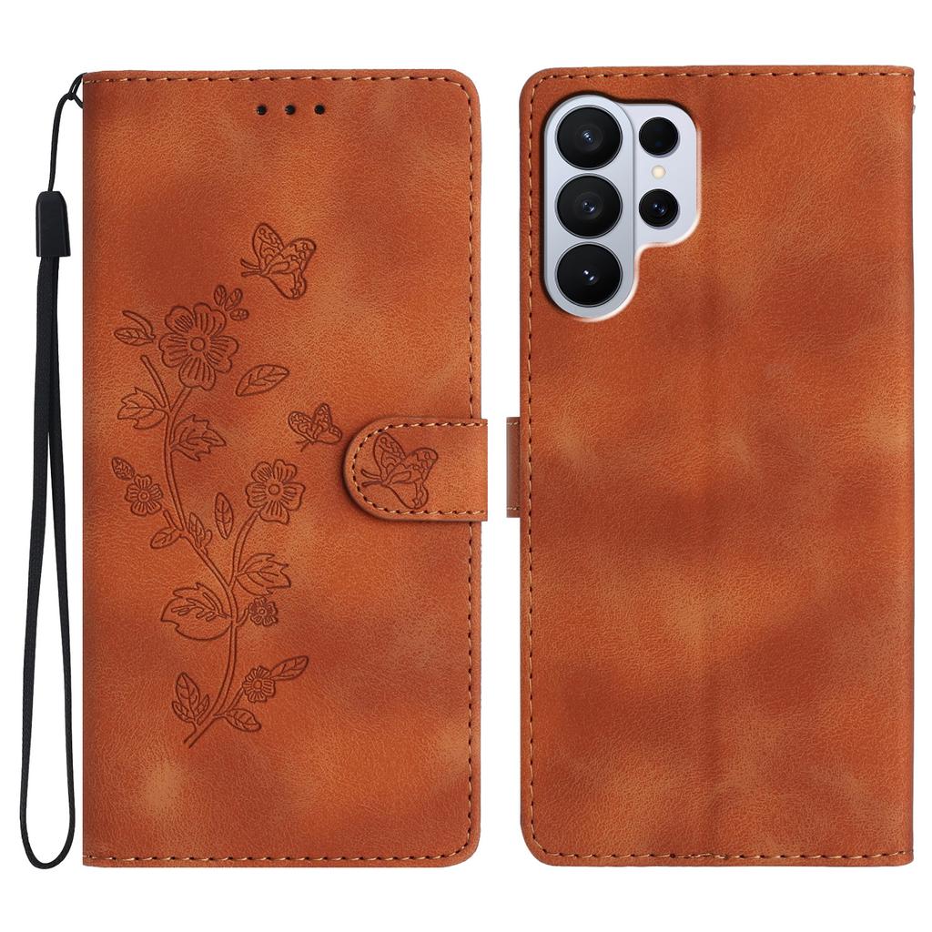 Leather Case For Samsung Galaxy S26 Ultra Imprinted Flower Phone Cover with Wrist Strap