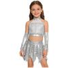 Kids Girls Jazz Dance Performance Outfit Sleeveless Keyhole Back Sparkly Sequins Crop Top with Asymmetric Metallic Skirt and Sequined Tassels Gloves