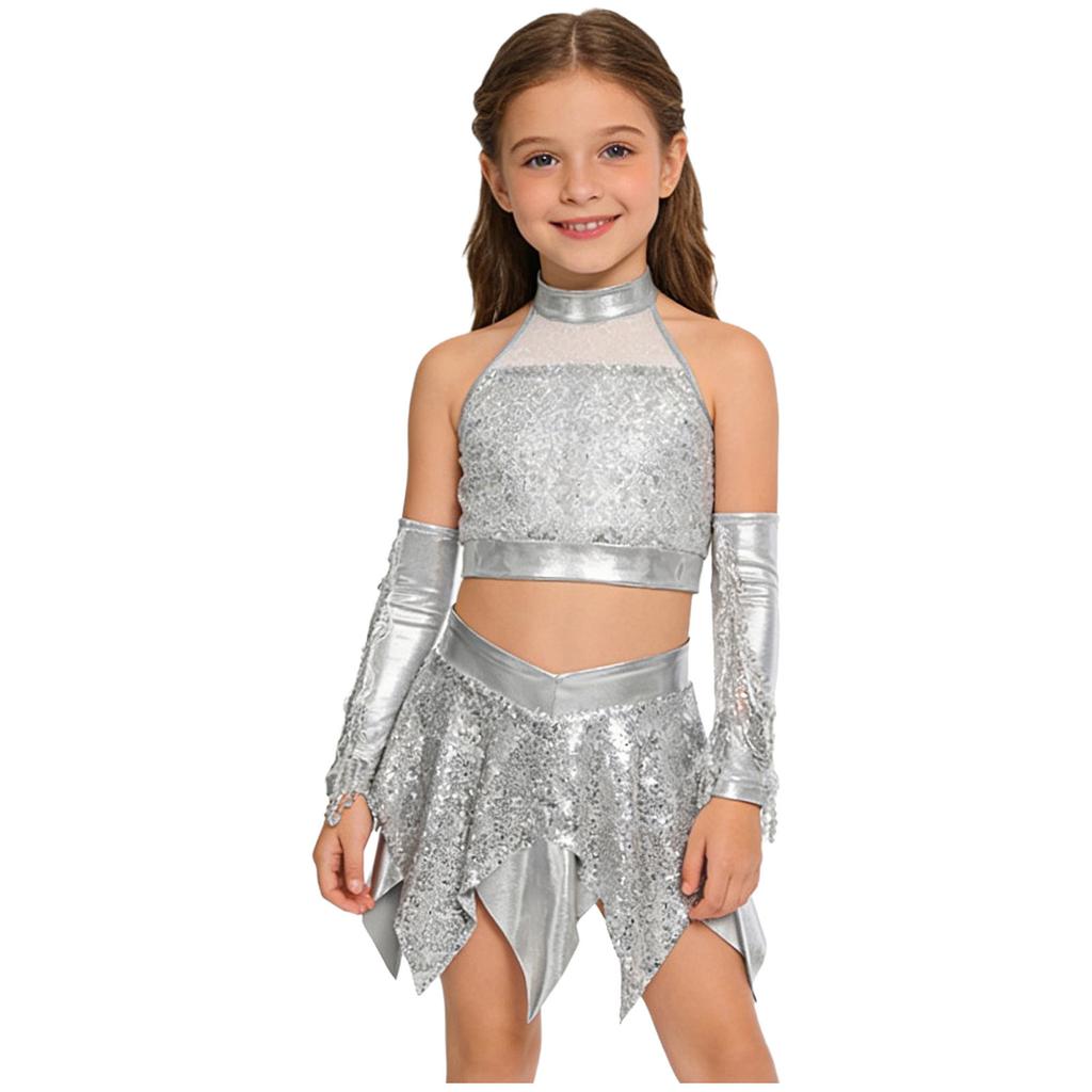 Kids Girls Jazz Dance Performance Outfit Sleeveless Keyhole Back Sparkly Sequins Crop Top with Asymmetric Metallic Skirt and Sequined Tassels Gloves