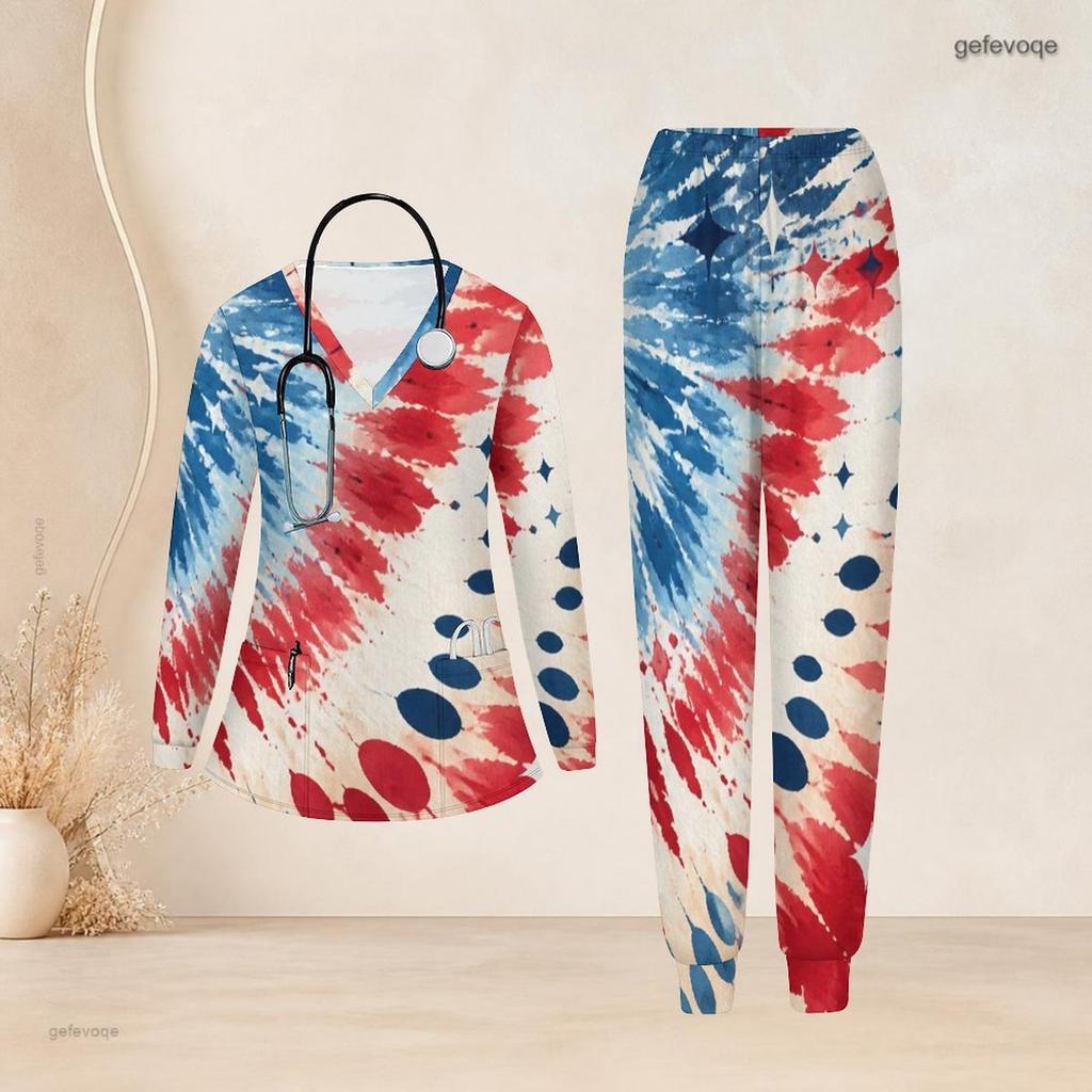 Women Plus Size V Neck Long Sleeve Scrub Set Navy Base Large Retro Patriotic Star Print Nurse Uniform Set