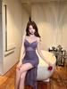 Sultry Mesh Low-Cut Slim-Fit Pleated Slit Dress